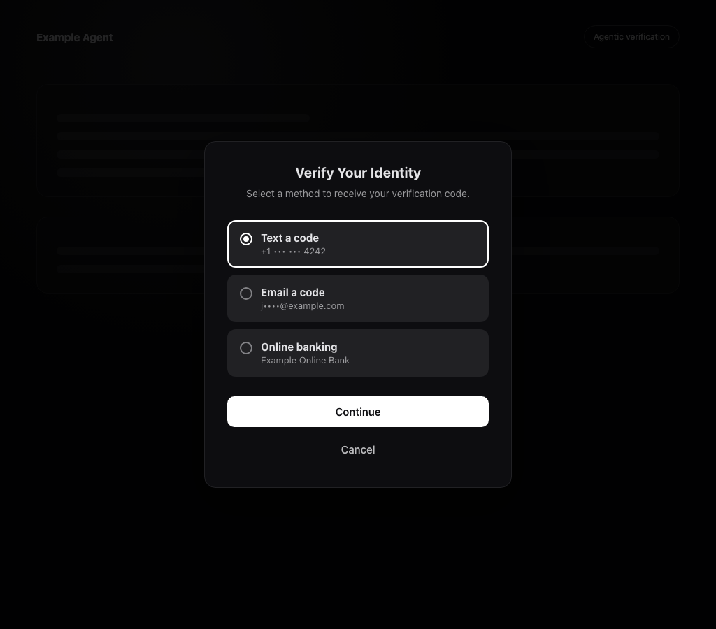 Customer selects how to receive the verification code — text, email, or online banking