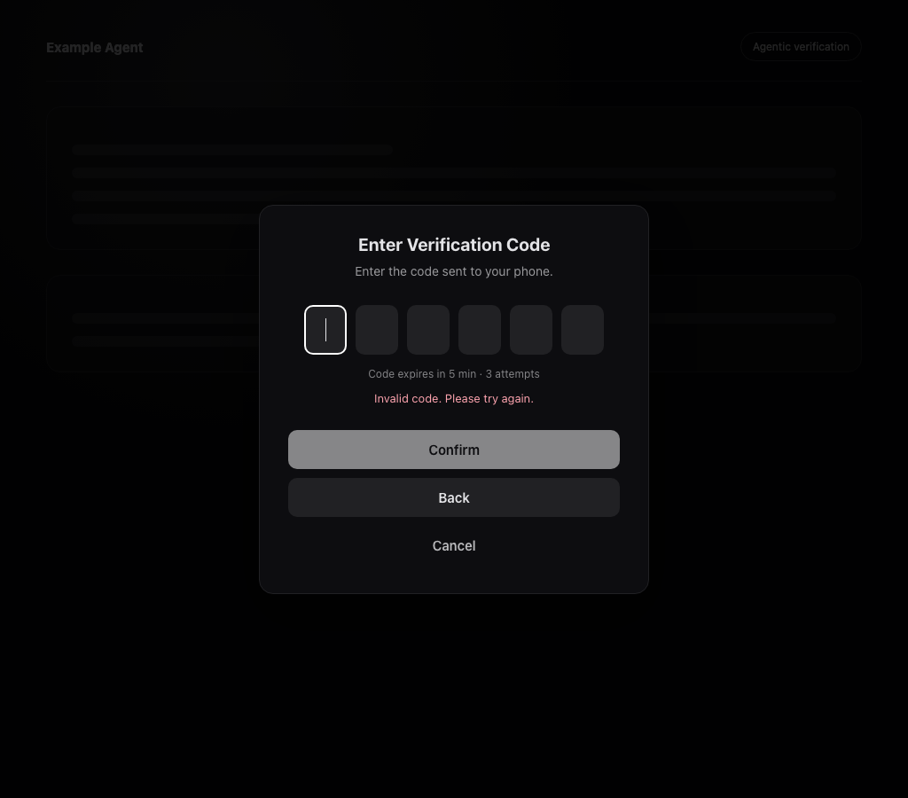 The code-entry step stays open after an invalid code and asks the customer to try again