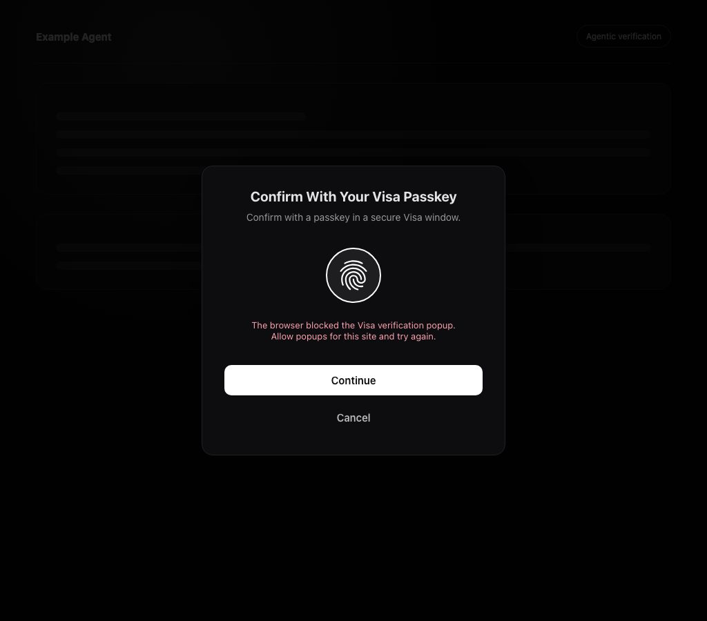 The ceremony prompt stays open and explains the browser blocked the verification popup