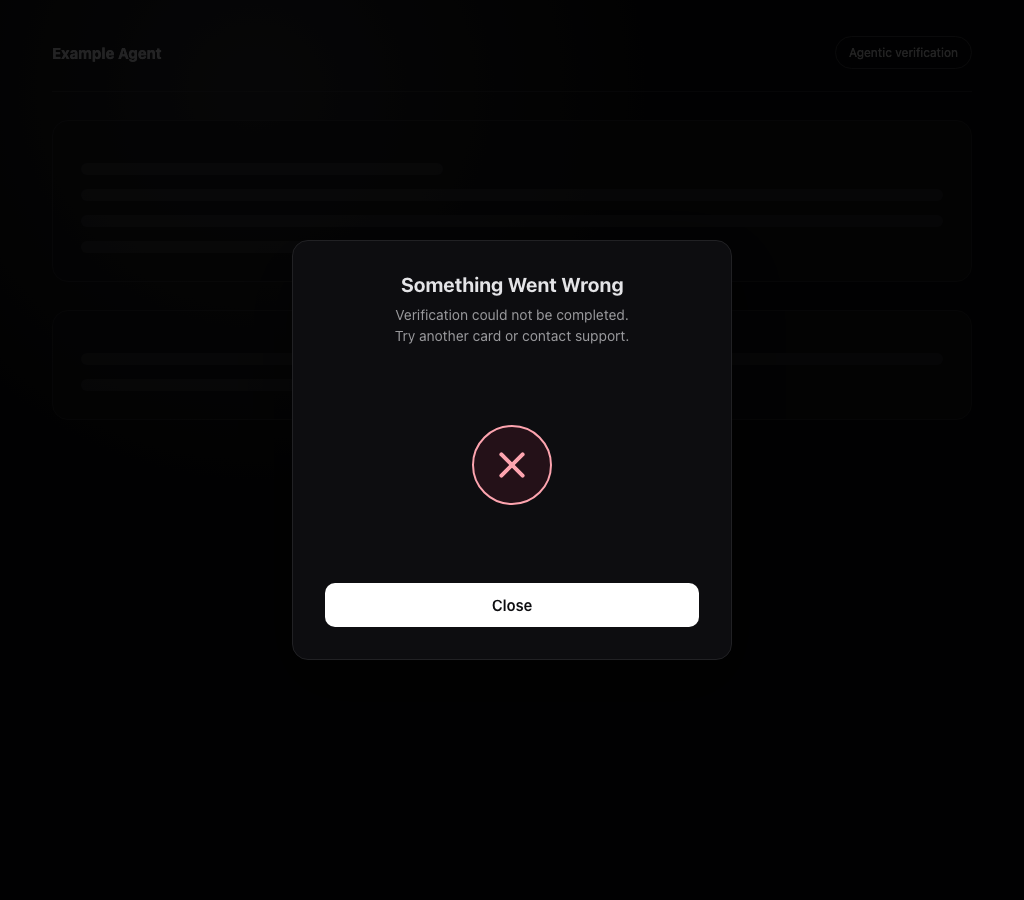 Terminal error with customer-safe copy and a Close button