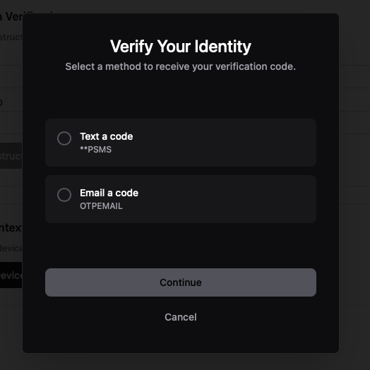 Select verification method — text or email