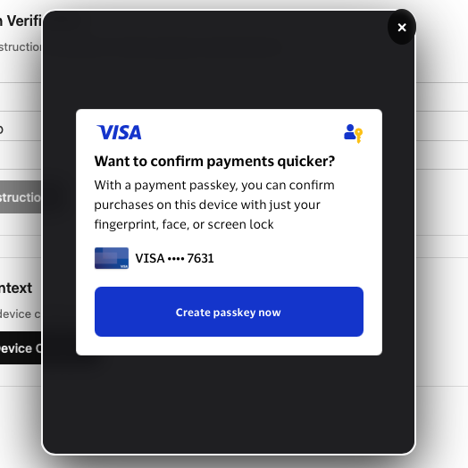 Visa prompts the consumer to create a payment passkey