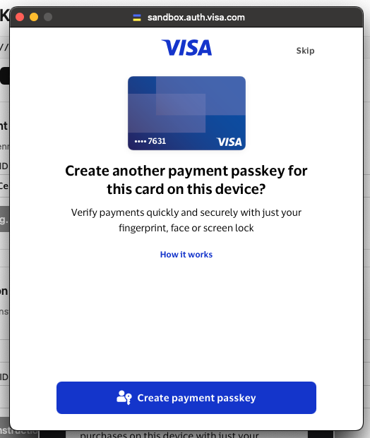 Consumer creates a payment passkey on the Visa auth page